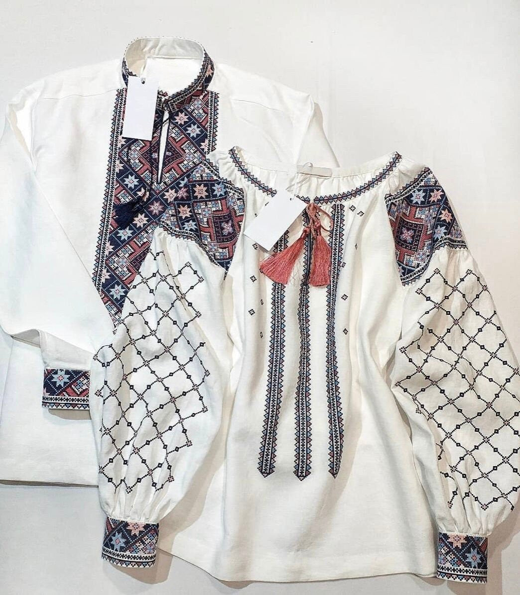 White Linen Blouse with Blue Embroidery - Ukrainian Vyshyvanka for Women