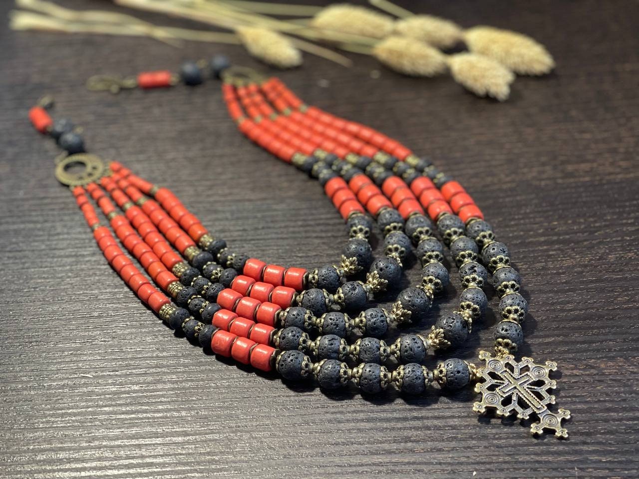 2025 Ukrainian Traditional Red and Black Ceramic Necklace with Cross - Ethnic Antique Fireplace Beads Jewelry