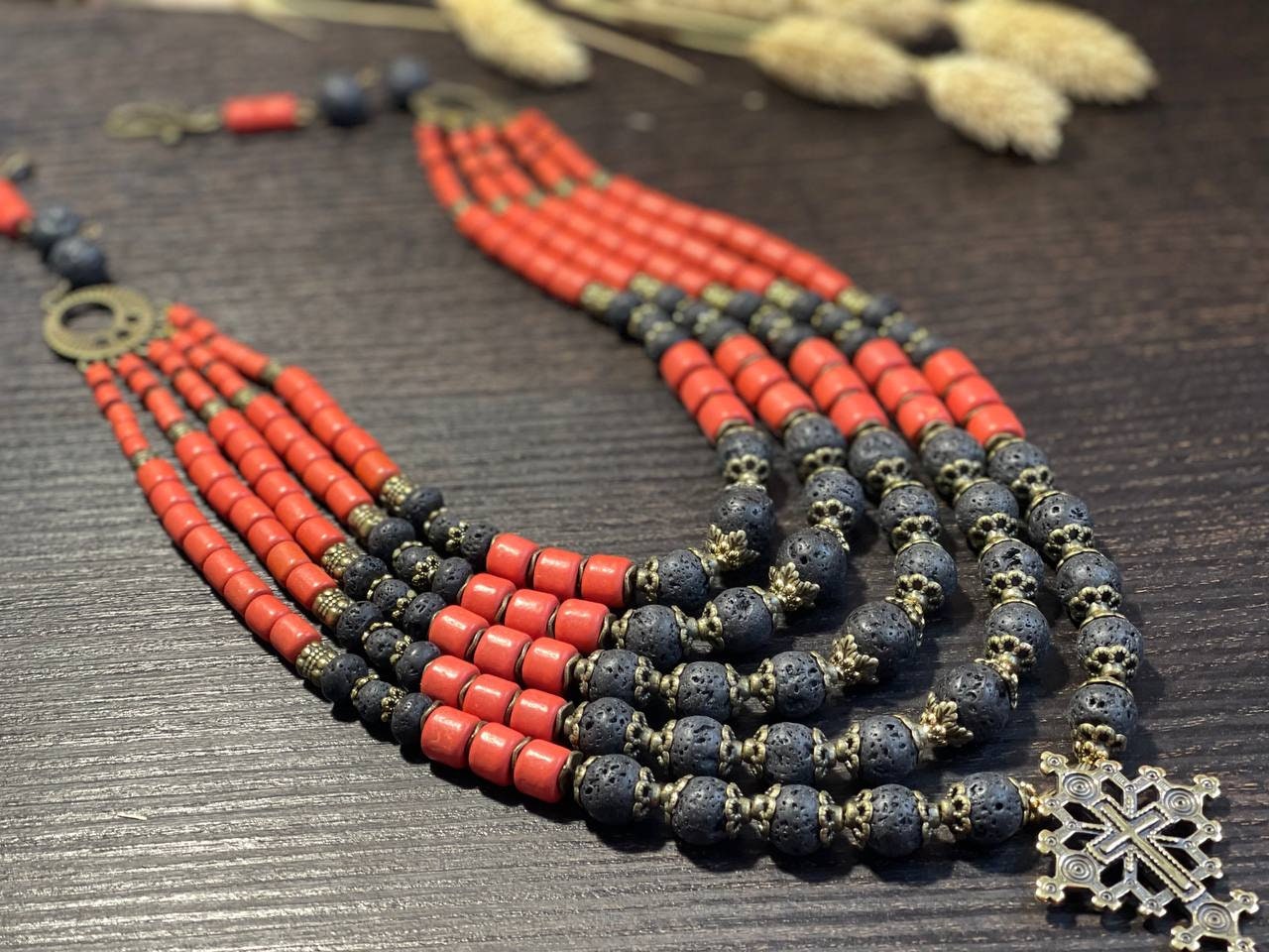 2025 Ukrainian Traditional Red and Black Ceramic Necklace with Cross - Ethnic Antique Fireplace Beads Jewelry