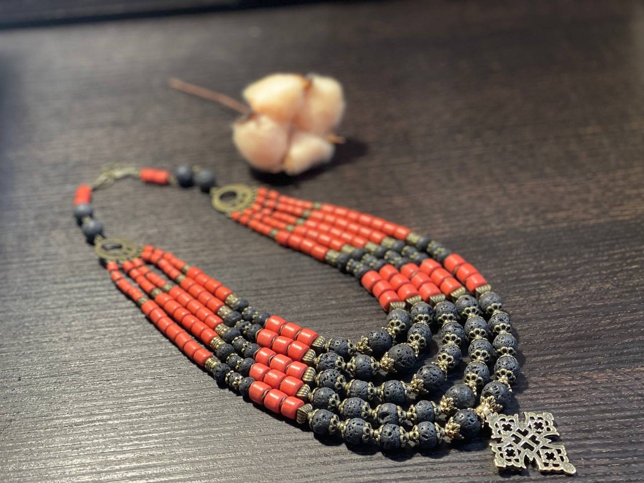 2025 Ukrainian Traditional Ceramic Necklace with Antique Fireplace Beads and Cross - Ethnic Jewelry from Ukraine