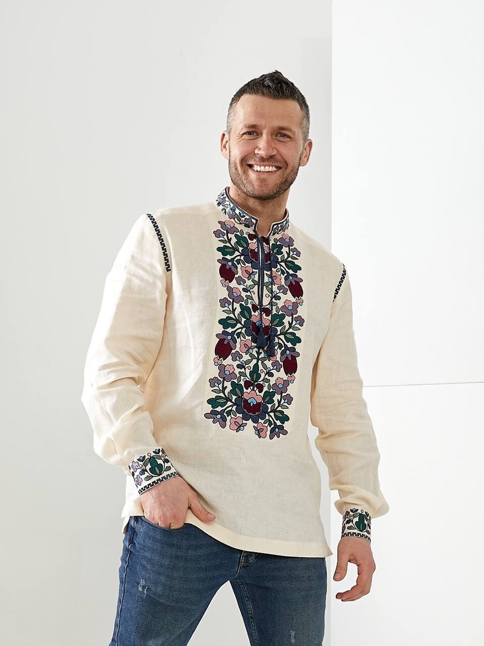 Milk-Colored Linen Vyshyvanka for Men - Embroidered Ukrainian Shirt