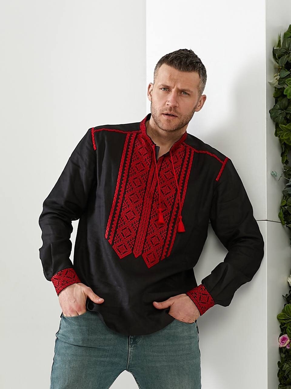 Men's Black Ukrainian Vyshyvanka with Red Embroidery
