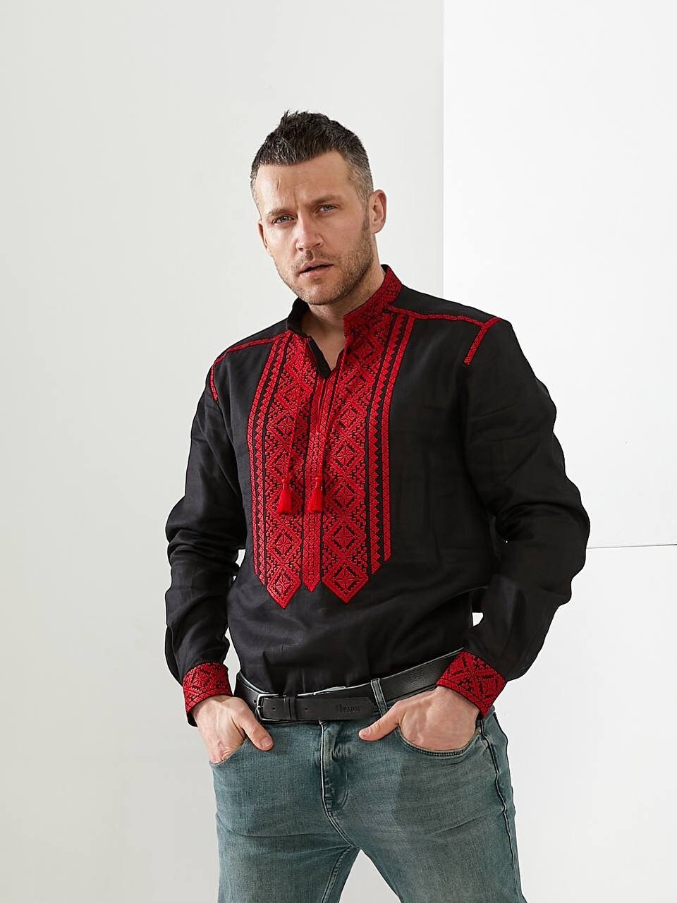 Men's Black Ukrainian Vyshyvanka with Red Embroidery