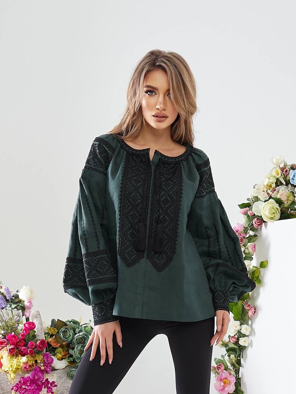 Green Embroidered Vyshyvanka Blouse - Ukrainian Linen Women's Clothing