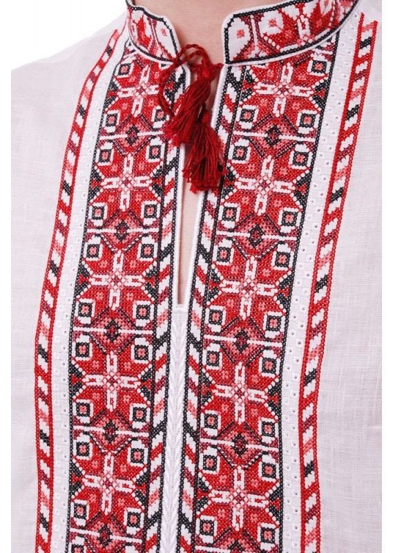 2025 White Linen Vyshyvanka Shirt for Men with Red Embroidery