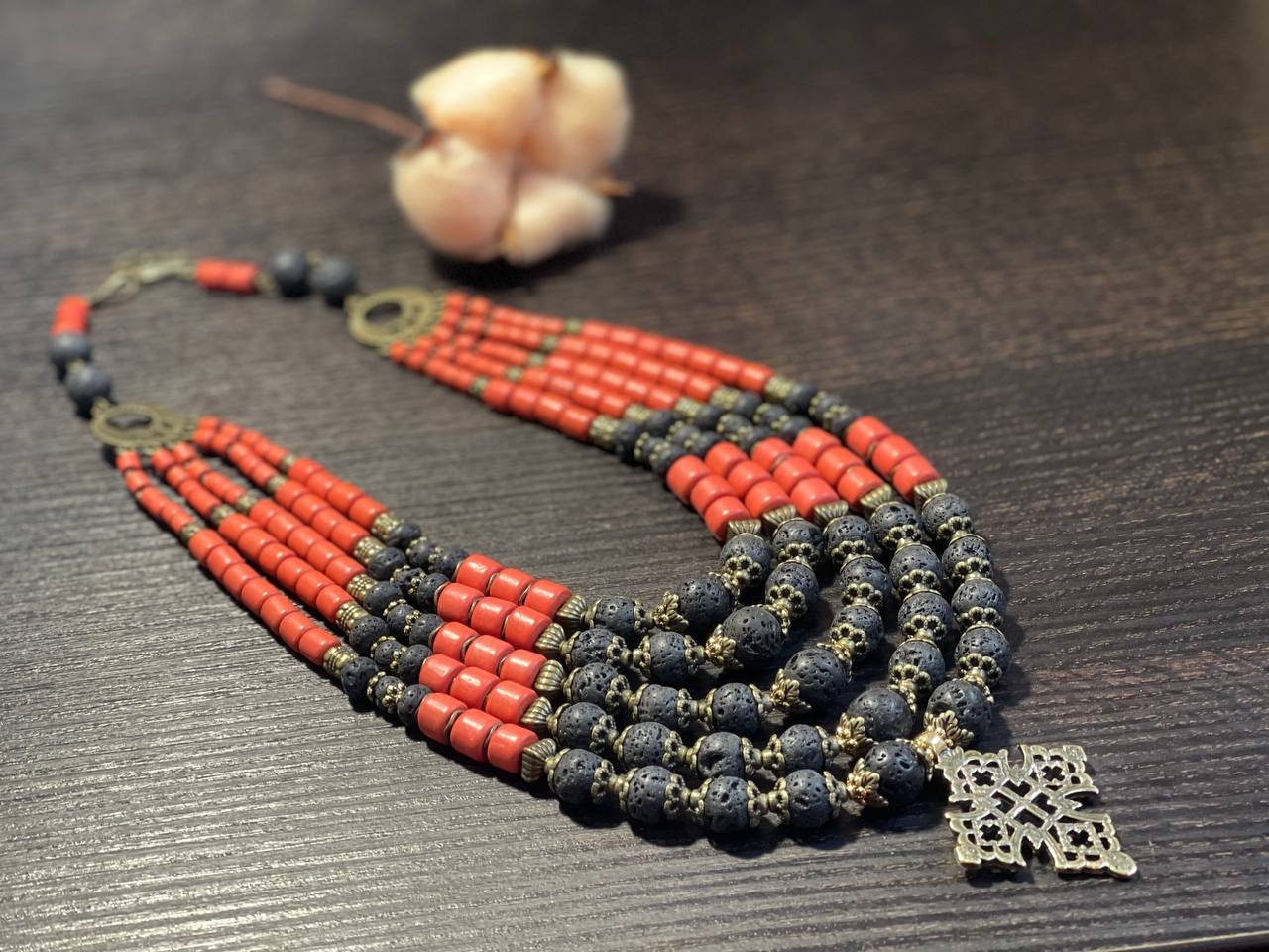 2025 Ukrainian Traditional Ceramic Necklace with Antique Fireplace Beads and Cross - Ethnic Jewelry from Ukraine