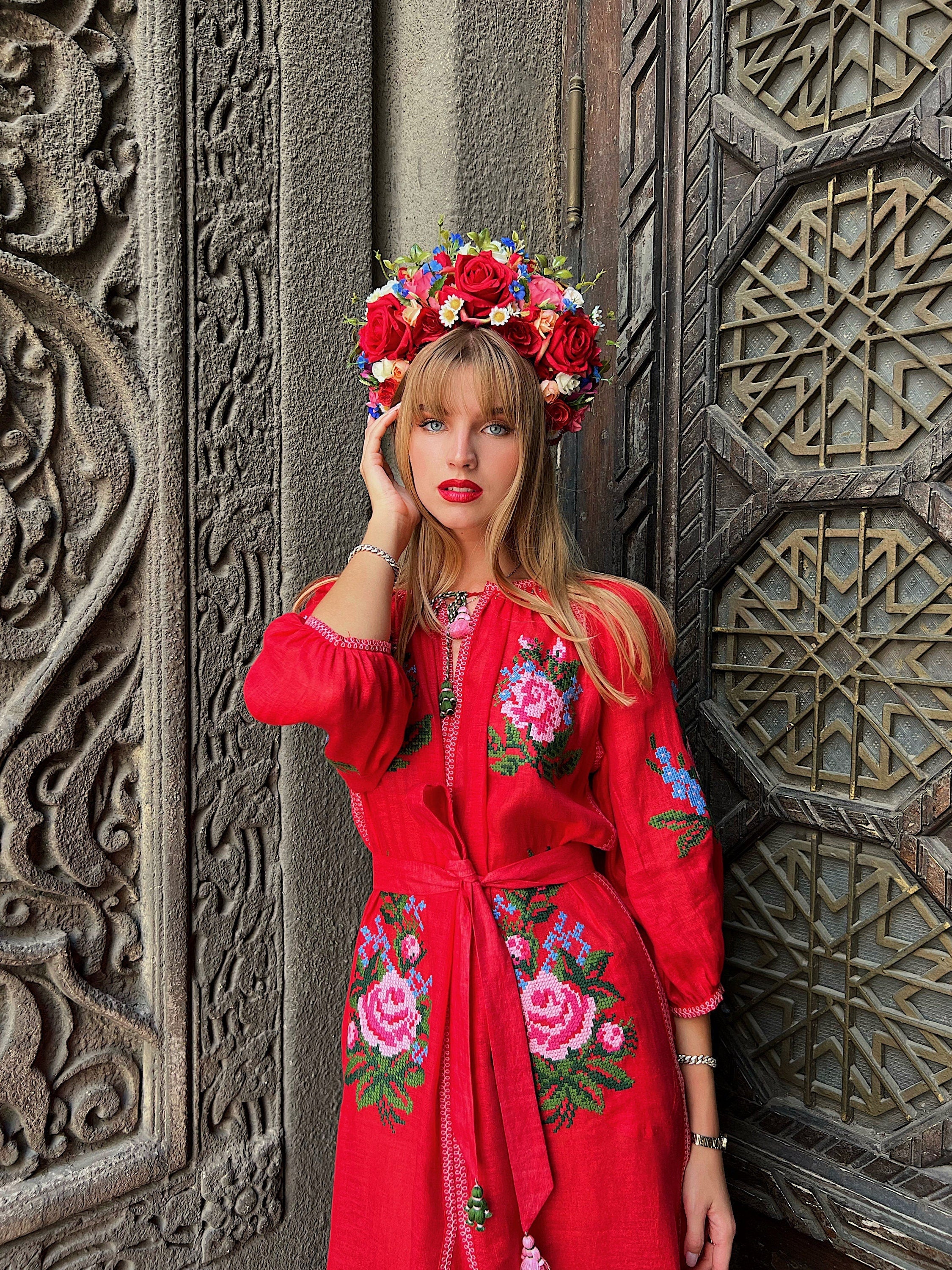 Red Linen Ukrainian Embroidered Boho Dress for Women