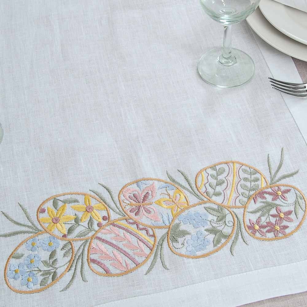 "Easter Mood White Linen Tabletop 88*40 CM - Ukrainian Pysanka Embroidery"