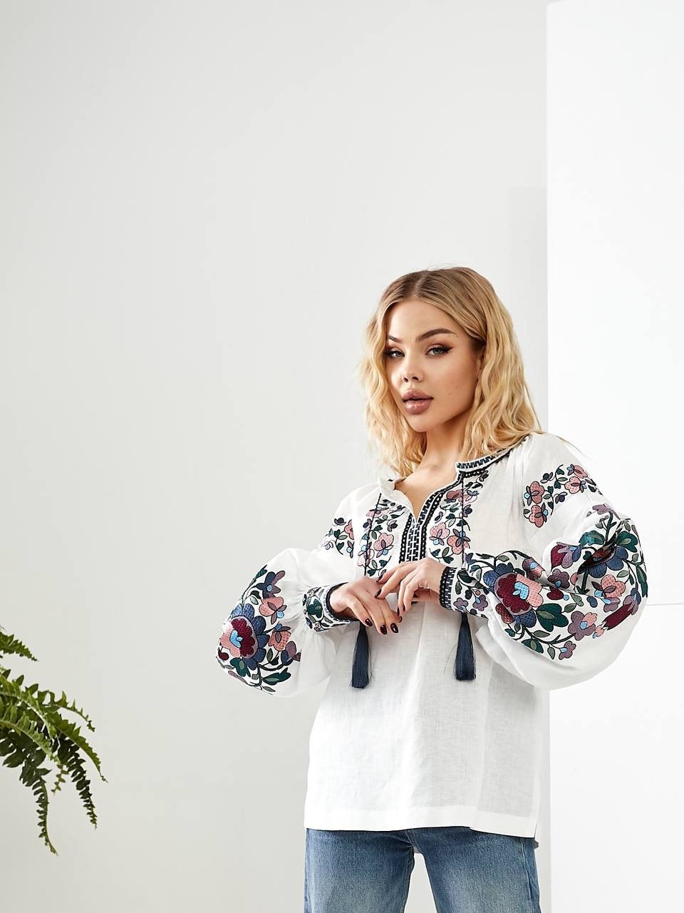 Floral Embroidered White Linen Blouse Ukrainian Vyshyvanka for Women Minimalist Clothing