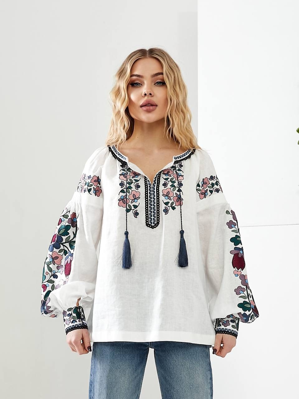 Floral Embroidered White Linen Blouse Ukrainian Vyshyvanka for Women Minimalist Clothing