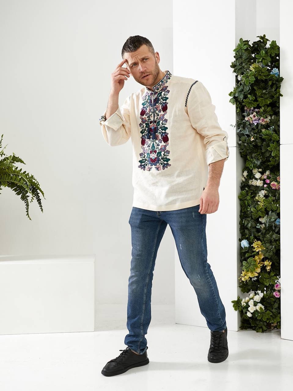 Milk-Colored Linen Vyshyvanka for Men - Embroidered Ukrainian Shirt