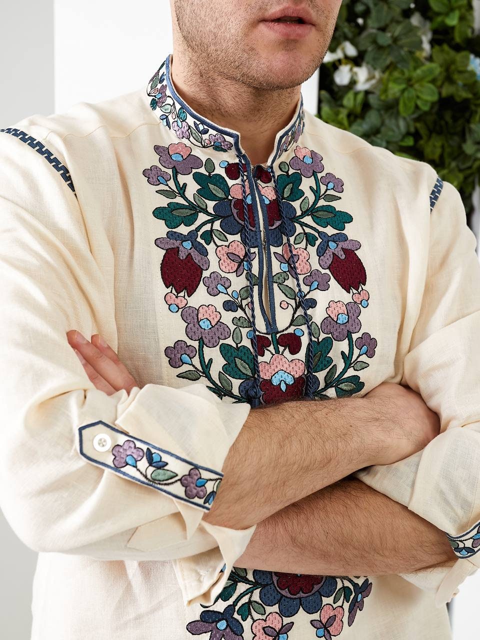Milk-Colored Linen Vyshyvanka for Men - Embroidered Ukrainian Shirt