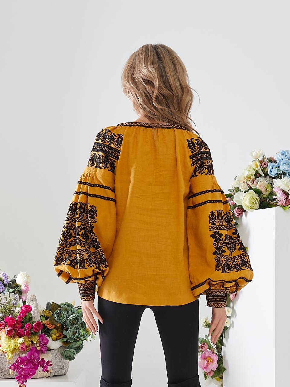 Yellow Ukrainian Vyshyvanka Blouse with Black Embroidery - Bohemian Ethnic Shirt
