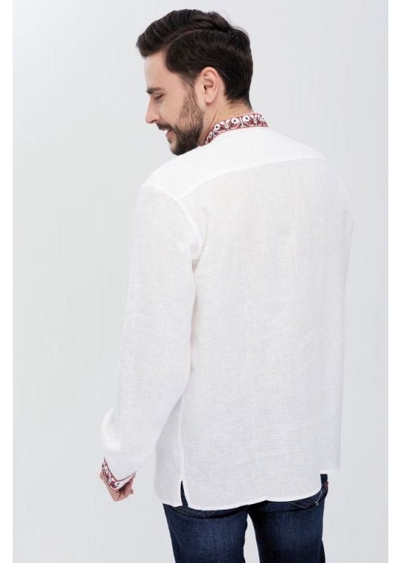 2025 White Linen Vyshyvanka Shirt for Men with Red Embroidery