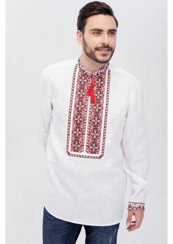 2025 White Linen Vyshyvanka Shirt for Men with Red Embroidery