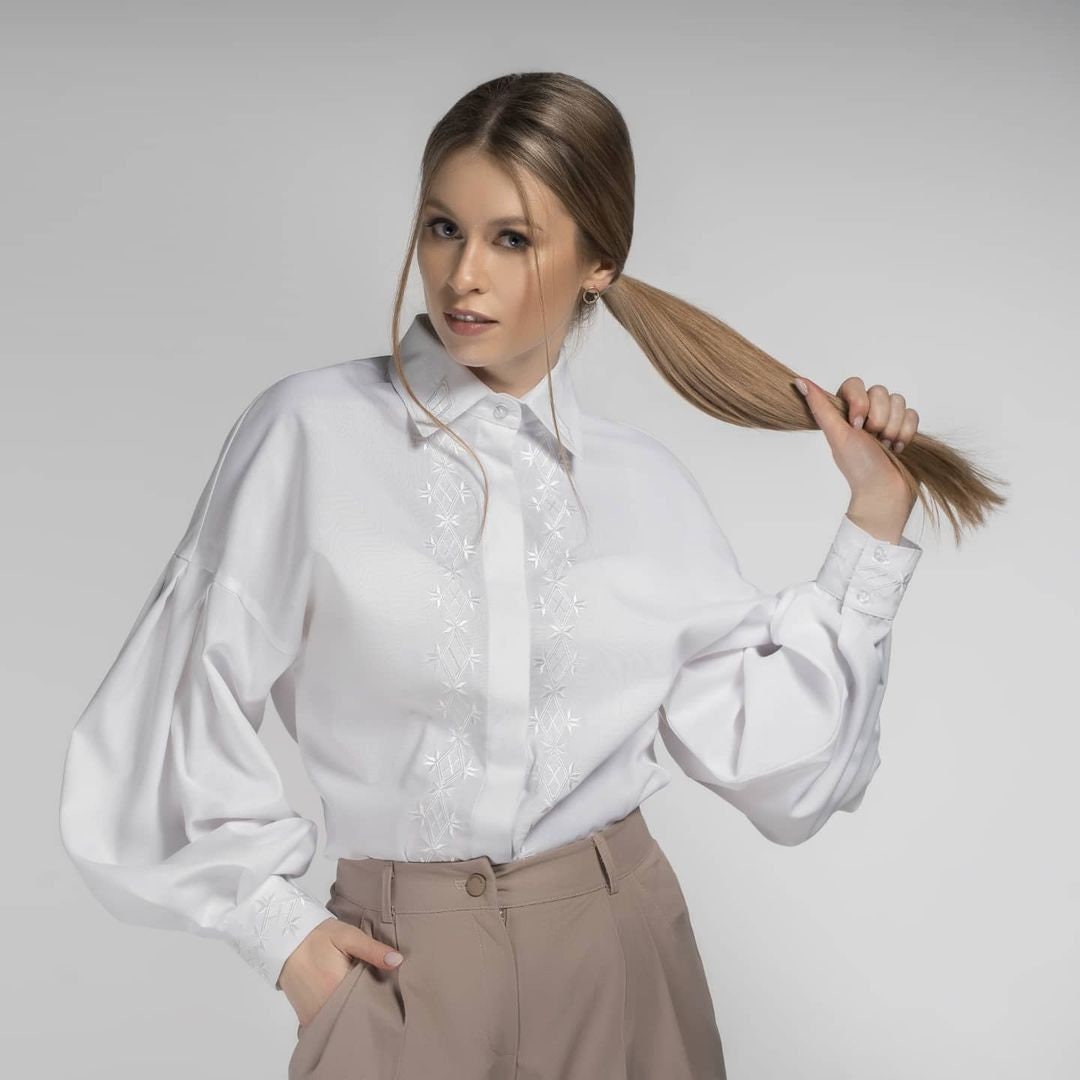 2025 White Ukrainian Vyshyvanka Blouse - Bohemian Embroidered Shirt