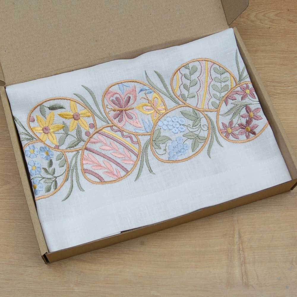 "Easter Mood White Linen Tabletop 88*40 CM - Ukrainian Pysanka Embroidery"