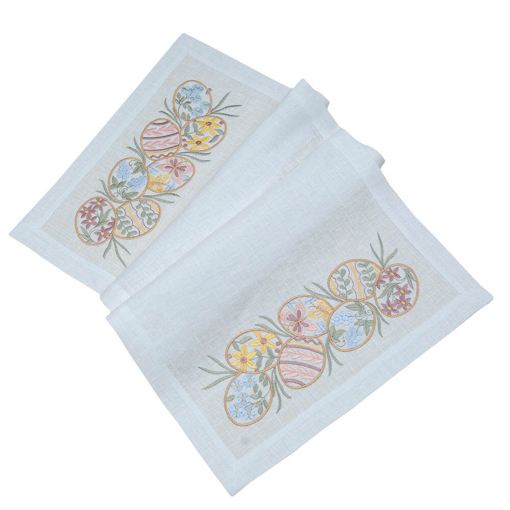 "Easter Mood White Linen Tabletop 88*40 CM - Ukrainian Pysanka Embroidery"