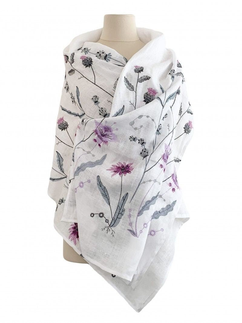 White Ukrainian Scarf - Traditional Lightweight Embroidered Shawl for Women