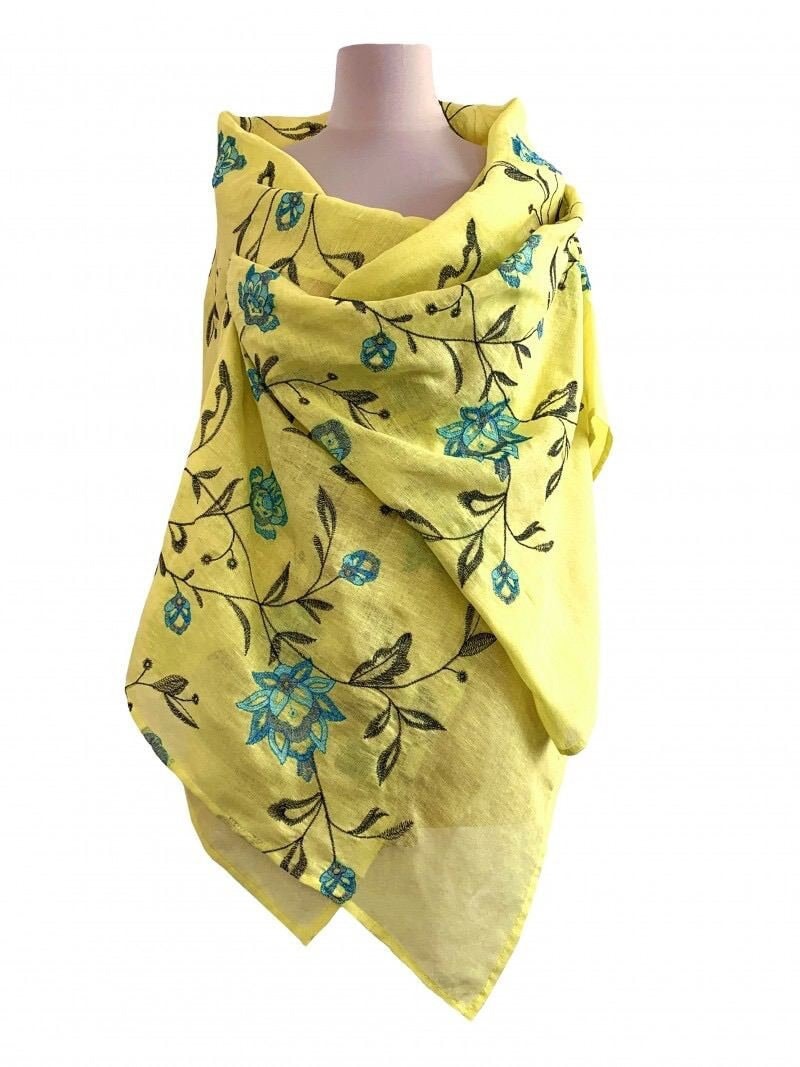 Handmade Linen Scarf with Slavic Embroidery - Lightweight Yellow Floral Shawl for Women