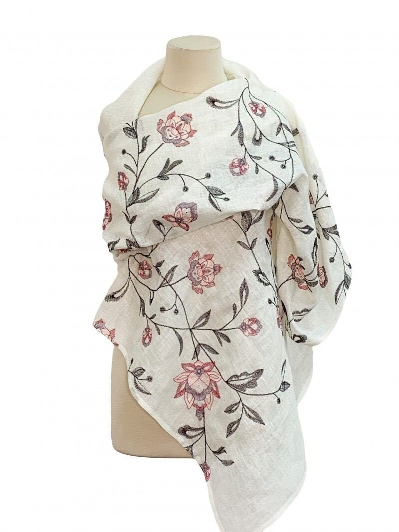 Lightweight White Ukrainian Shawl with Floral Embroidery - Ethnic Folk Scarf for Women
