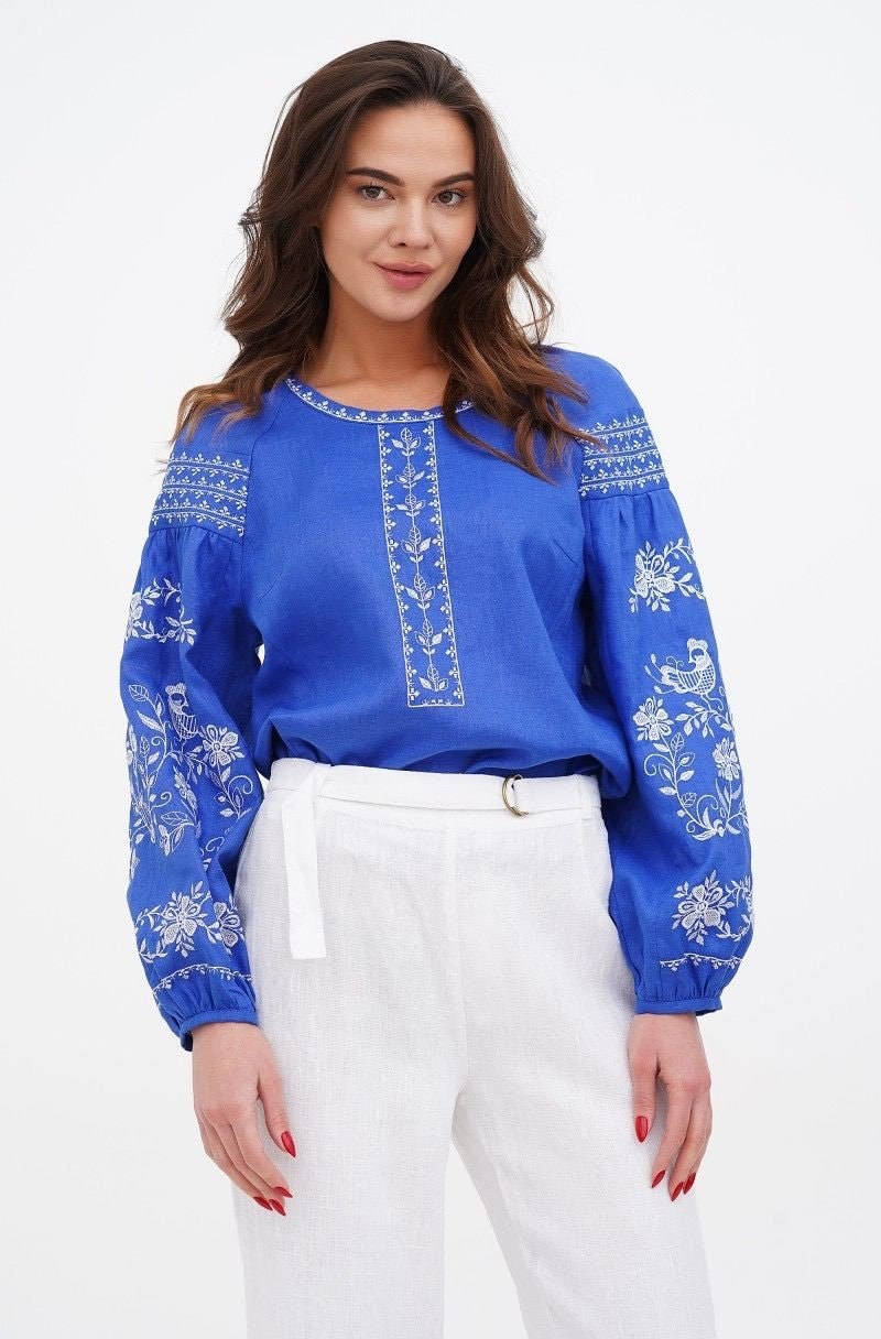 Blue Linen Vyshyvanka with White Embroidery - Women's Long Sleeve Shirt 2025