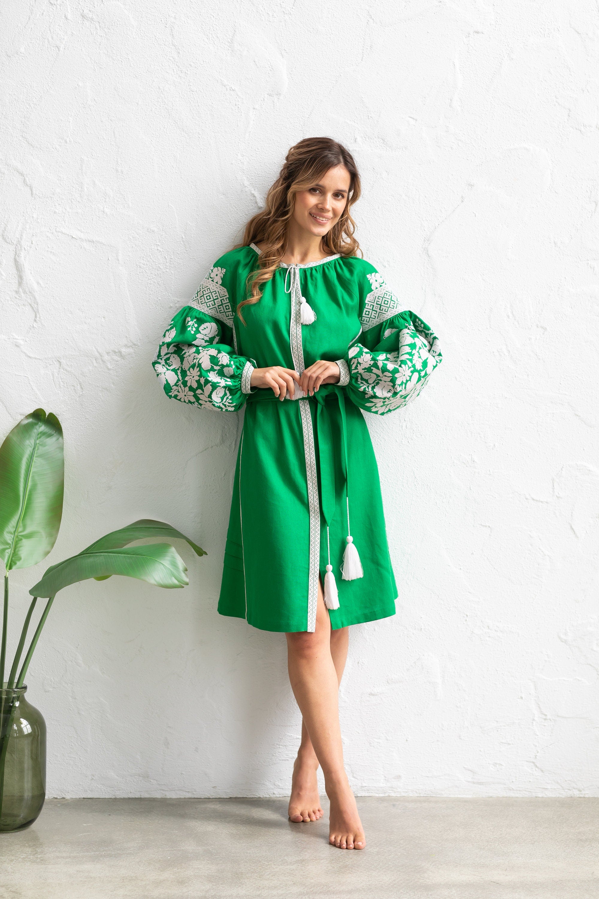 Ukrainian Vyshyvanka Linen Dress - Boho Green Women's Wear