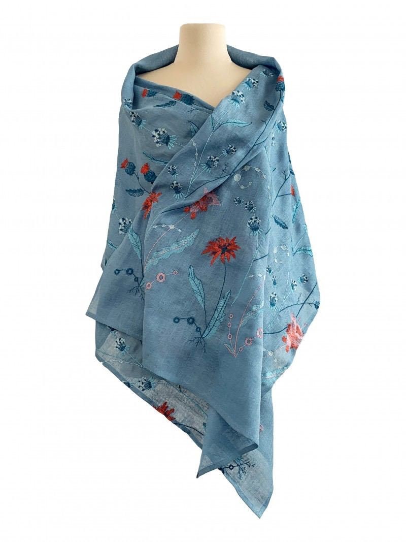 Embroidered Blue Linen Shawl with Floral Design - Perfect Scarf for Moms and Girls