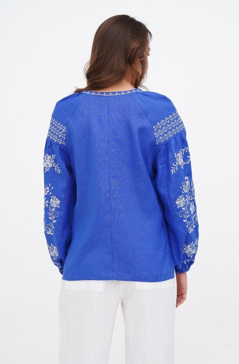 Blue Linen Vyshyvanka with White Embroidery - Women's Long Sleeve Shirt 2025