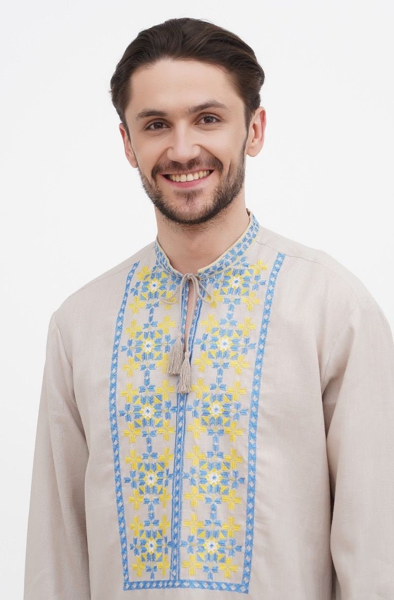 2025 Natural Linen Vyshyvanka Shirt for Men - Embroidered Ukrainian Traditional Style