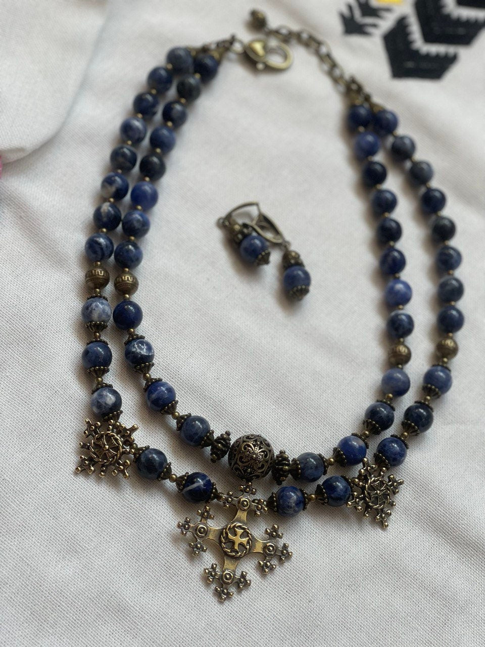 2025 Blue Ukrainian Traditional Necklace "Magic of Ukrainian Night" - Handmade Stone Jewelry