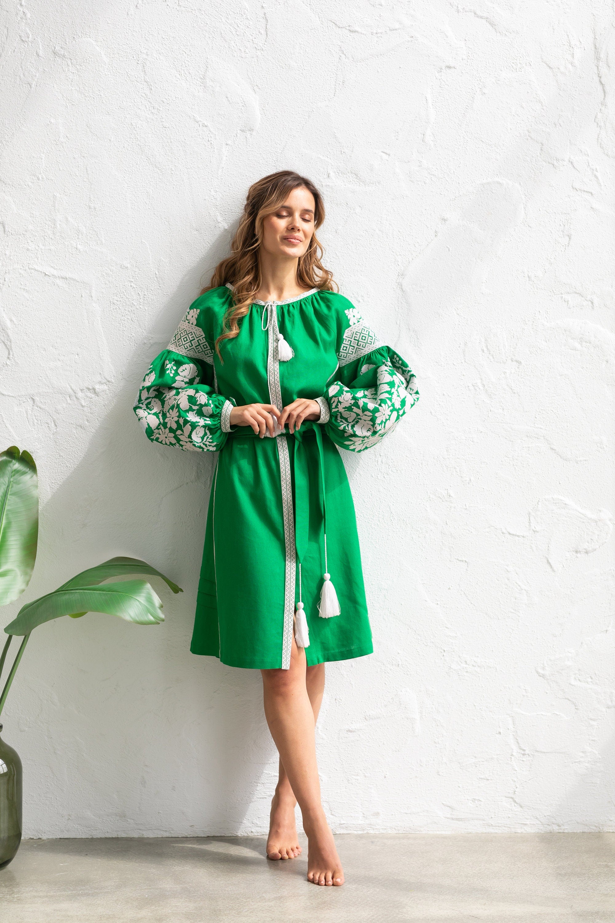 Ukrainian Vyshyvanka Linen Dress - Boho Green Women's Wear