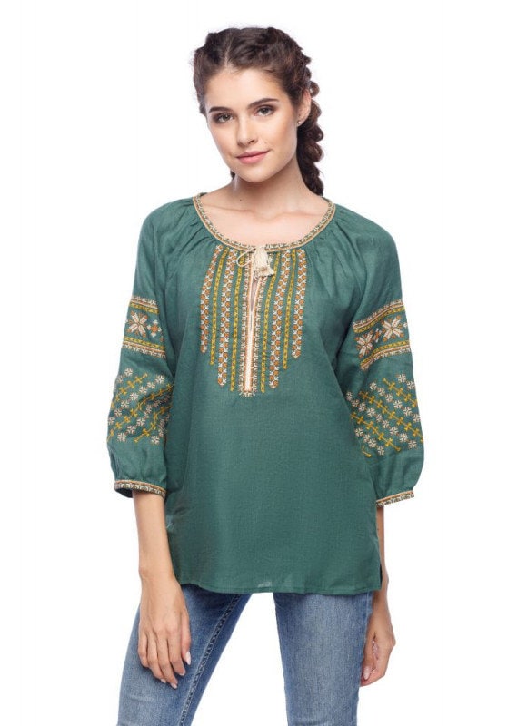 Green Ukrainian Embroidered Vyshyvanka Blouse for Women