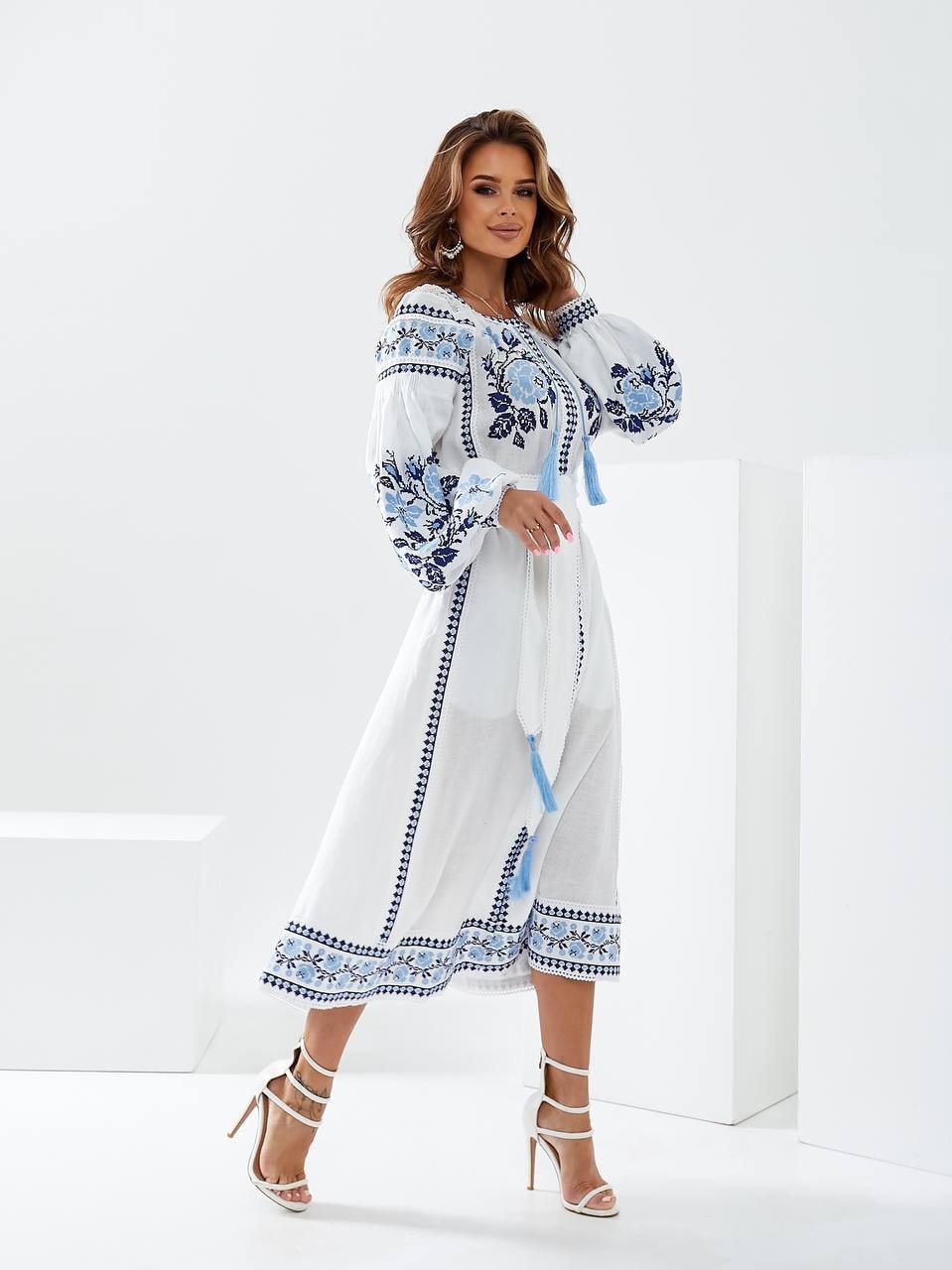 White Linen Wedding Dress with Blue Ukrainian Vyshyvanka Embroidery - Boho Style