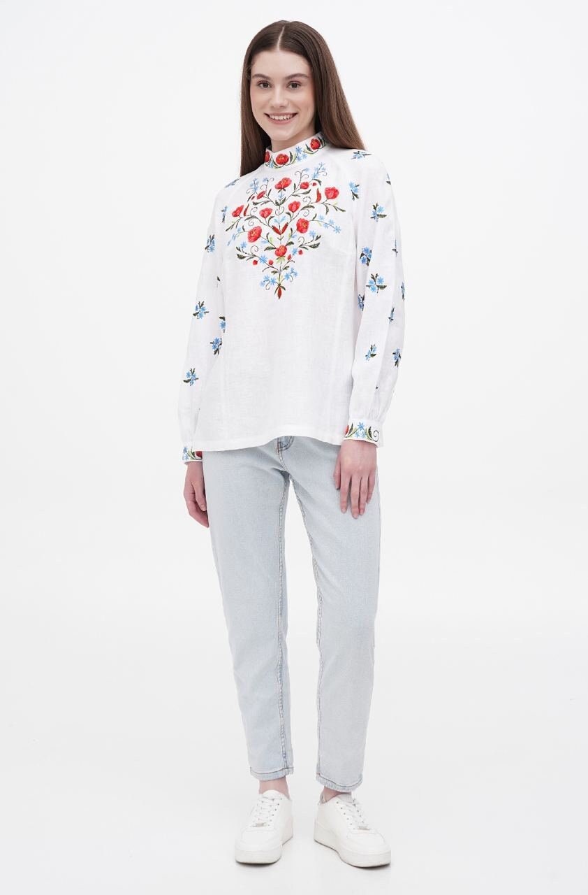 2025 White Ukrainian Vyshyvanka Blouse | Embroidered Bohemian Ethnic Shirt