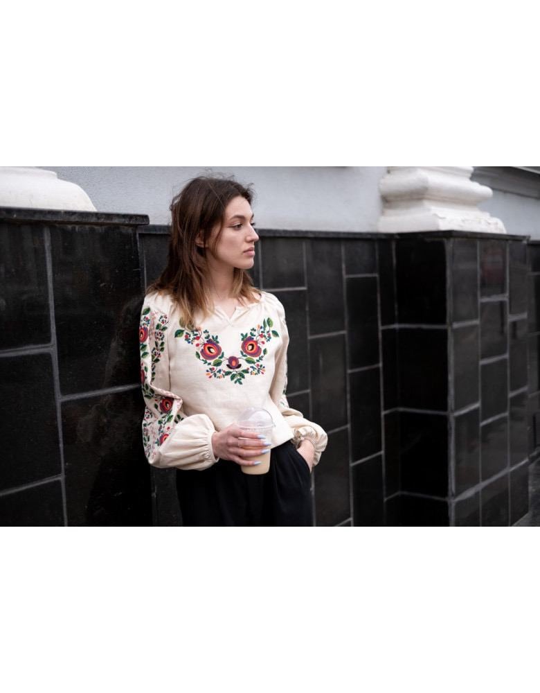 2025 Beige Linen Ukrainian Vyshyvanka Blouse - Embroidered Bohemian Ethnic Shirt