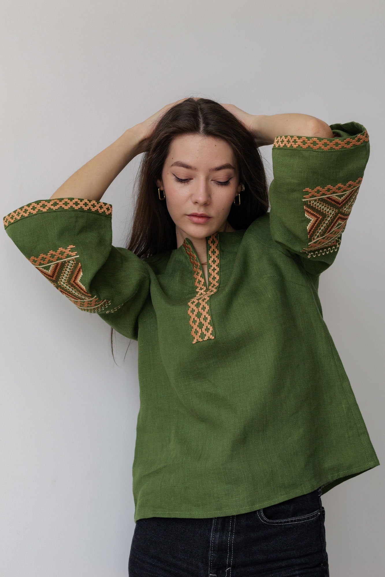 Green Embroidered Ukrainian Vyshyvanka Blouse - Boho Chic Ethnic Shirt