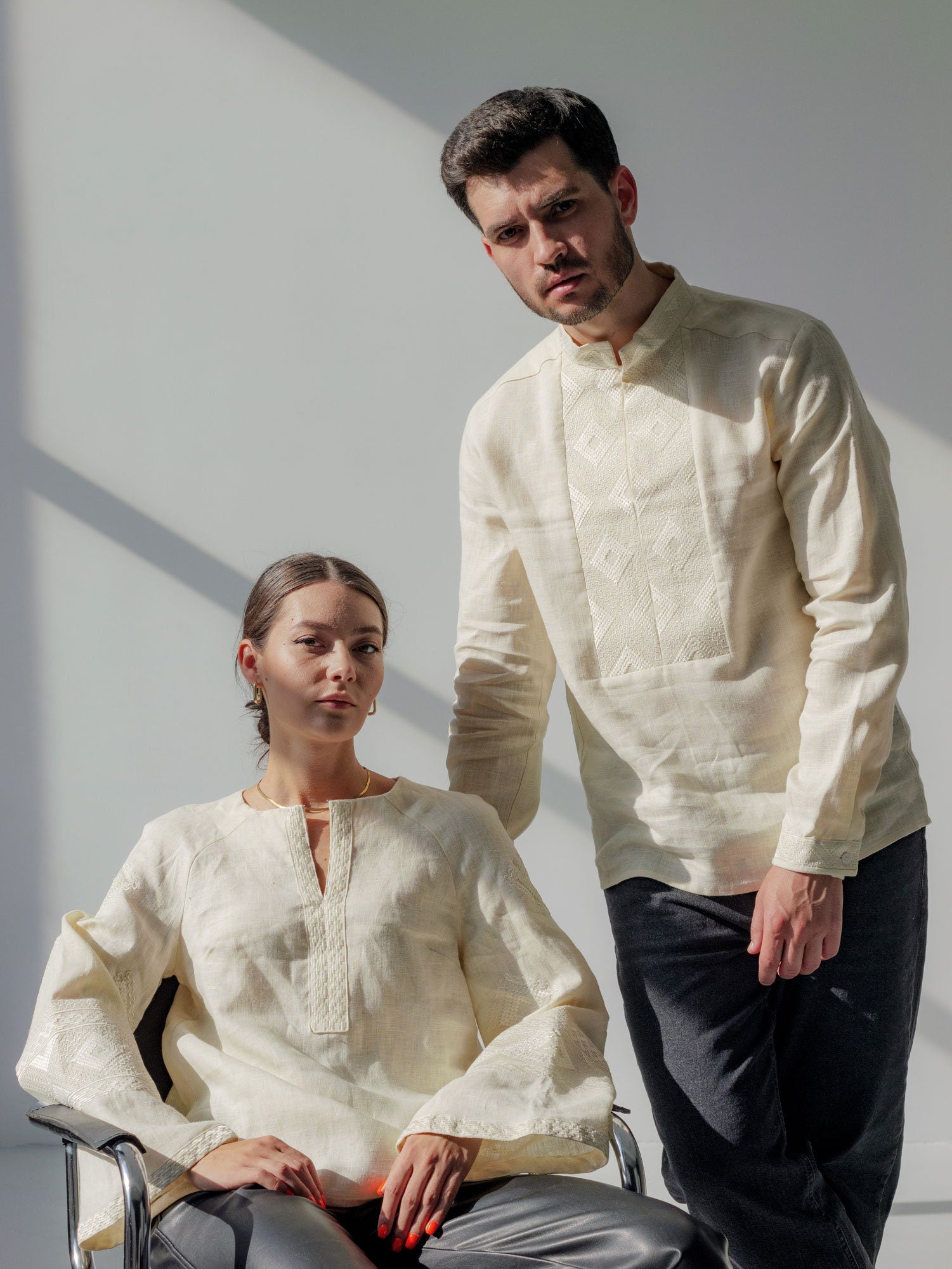 Mother's Day 2024 Milky Ukrainian Vyshyvanka Blouse with White Embroidery - Bohemian Ethnic Shirt