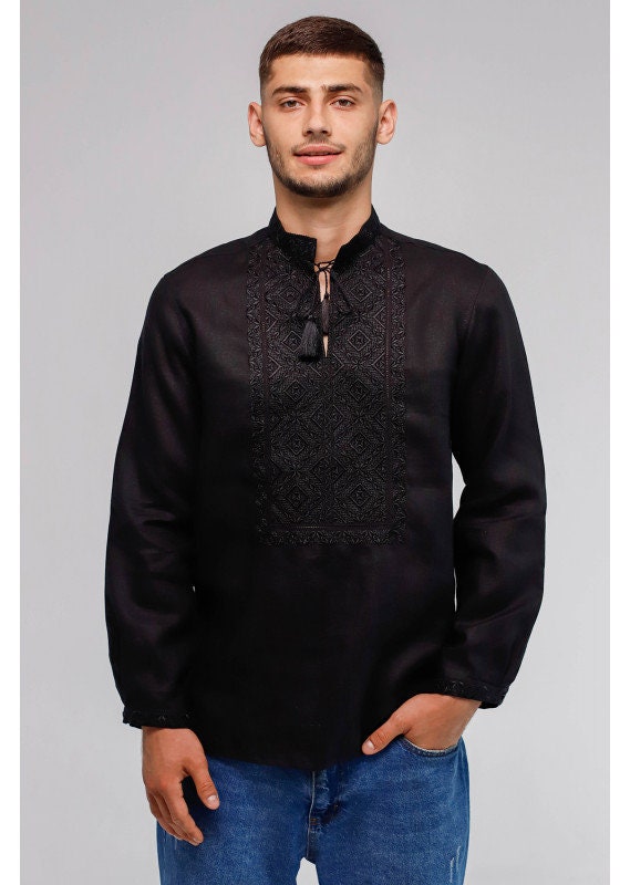 Black Ukrainian Embroidered Vyshyvanka for Men - Traditional Linen Shirt