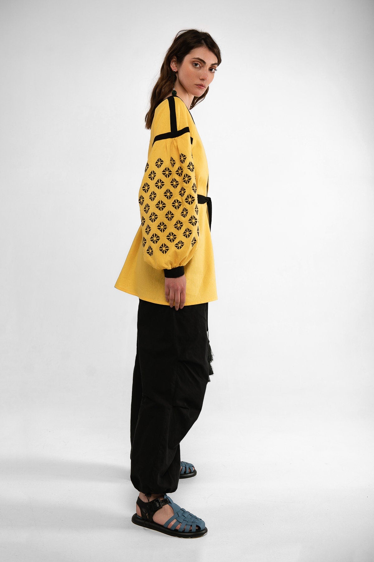 Mother's Day 2024 Yellow Ukrainian Vyshyvanka Blouse with Black Embroidery - Bohemian Chic Peasant Shirt