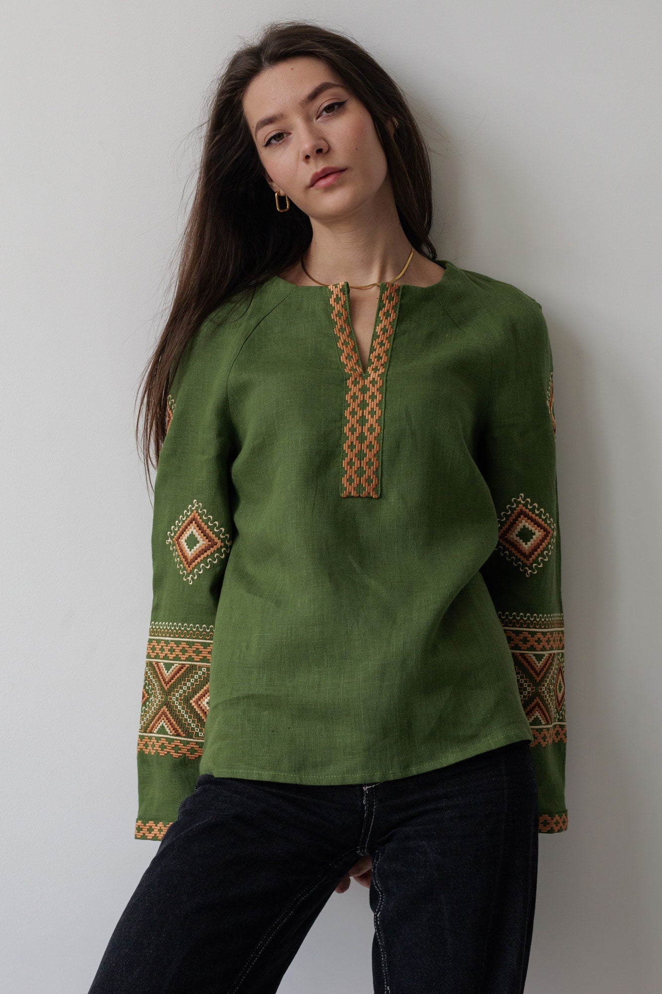 Green Embroidered Ukrainian Vyshyvanka Blouse - Boho Chic Ethnic Shirt