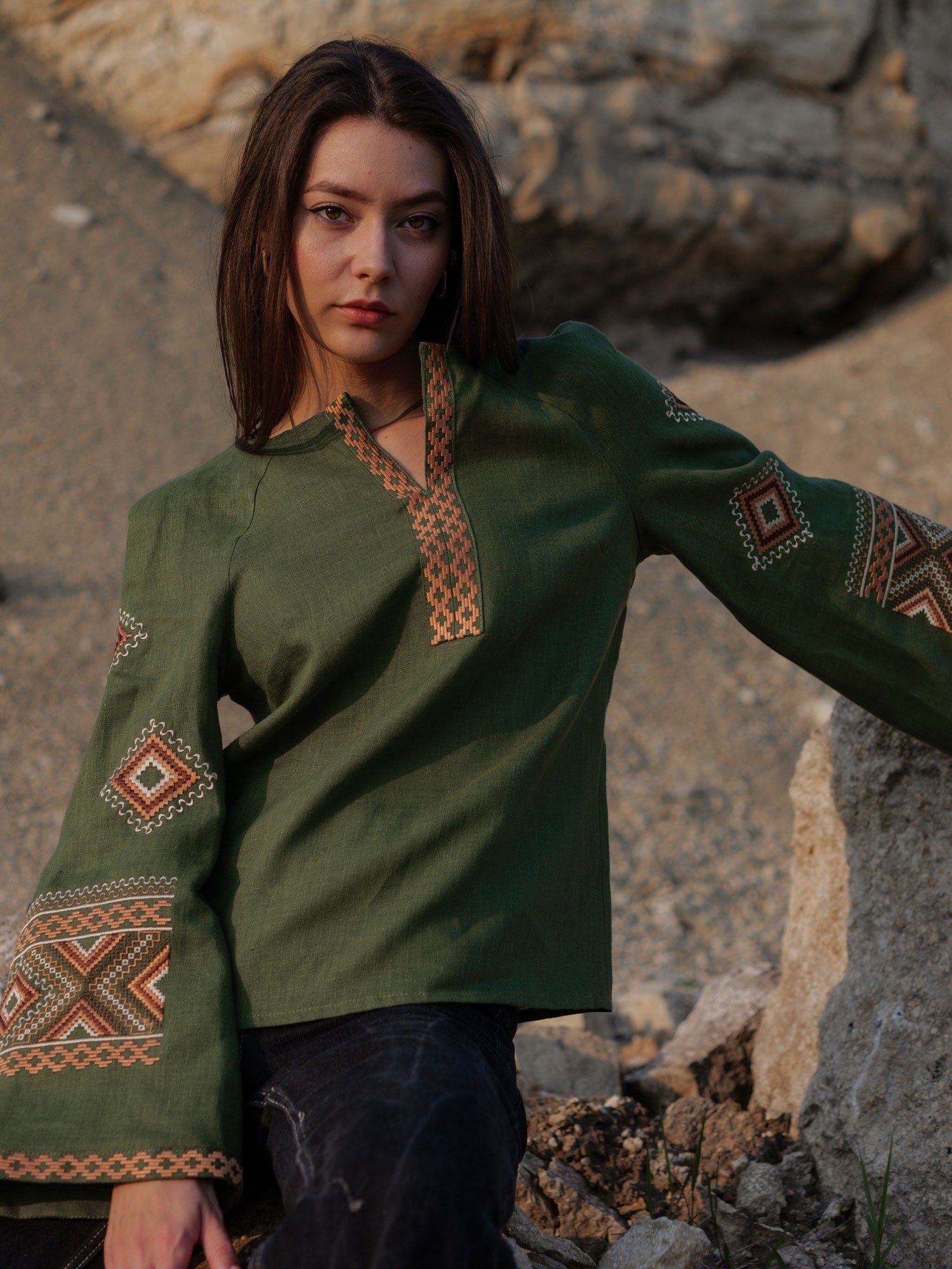 Green Embroidered Ukrainian Vyshyvanka Blouse - Boho Chic Ethnic Shirt