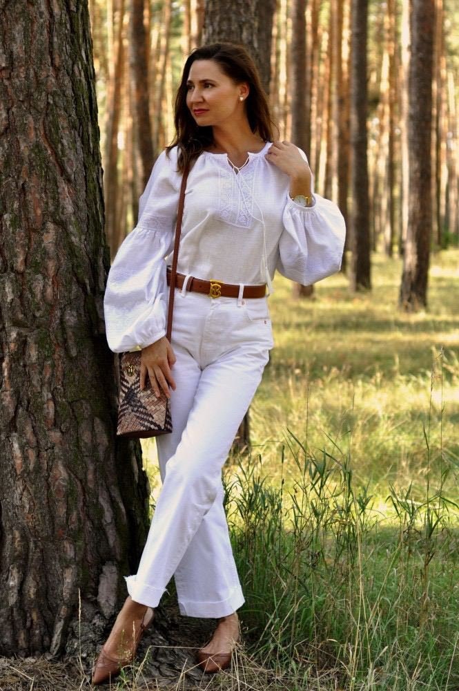 White Ukrainian Vyshyvanka Blouse | Embroidered Bohemian Ethnic Shirt for Women