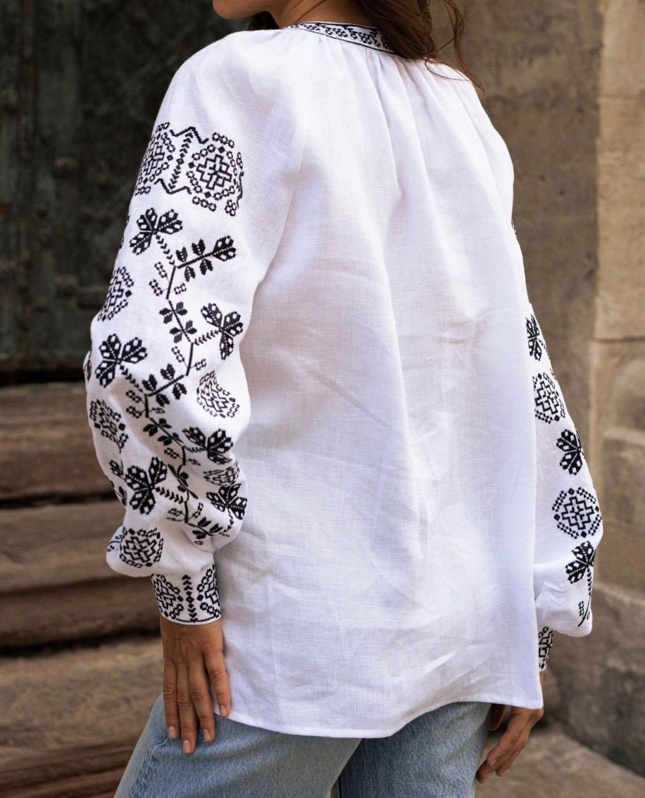 White Linen Ukrainian Vyshyvanka Blouse - Embroidered Women’s Shirt