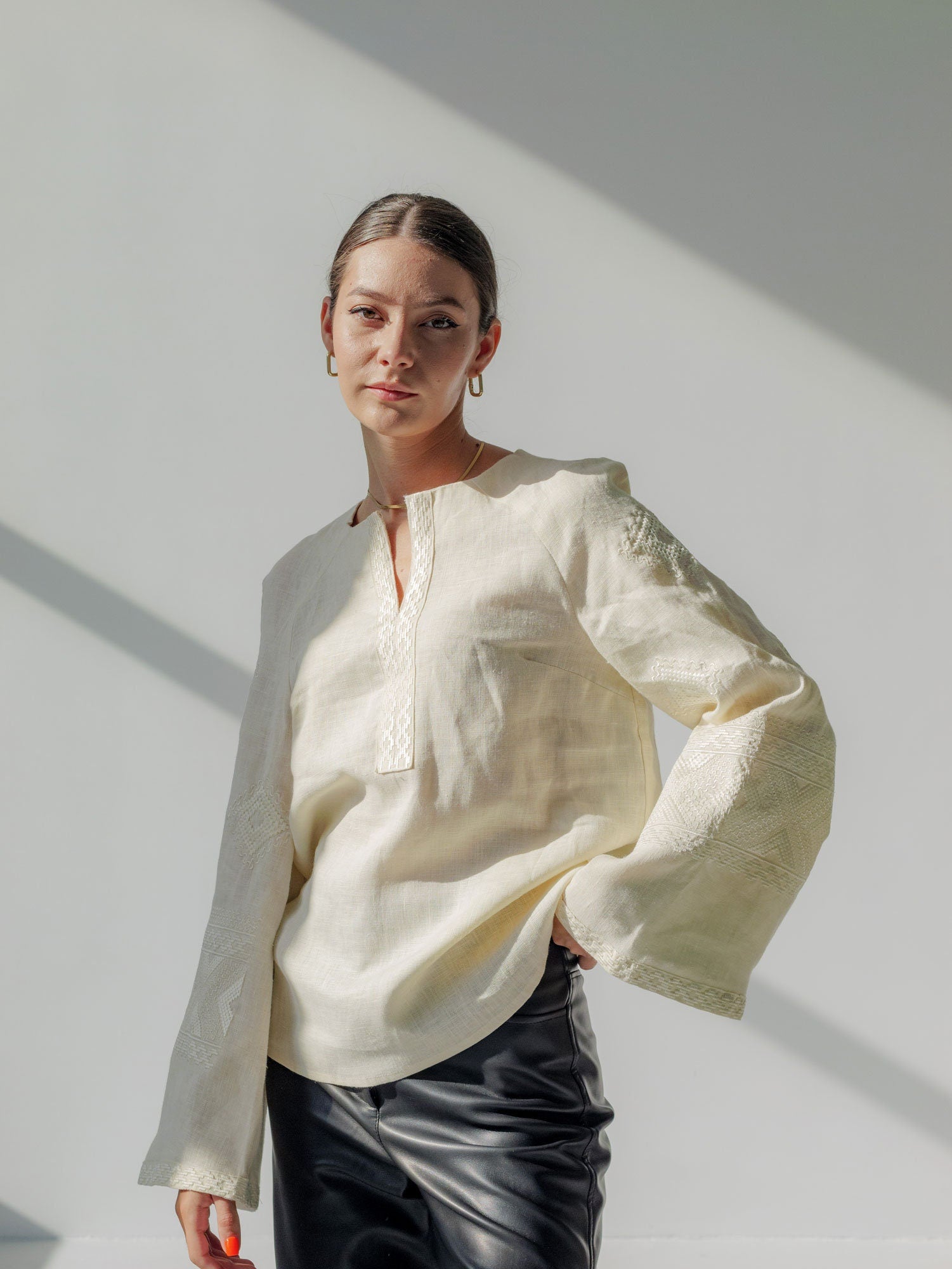 Mother's Day 2024 Milky Ukrainian Vyshyvanka Blouse with White Embroidery - Bohemian Ethnic Shirt