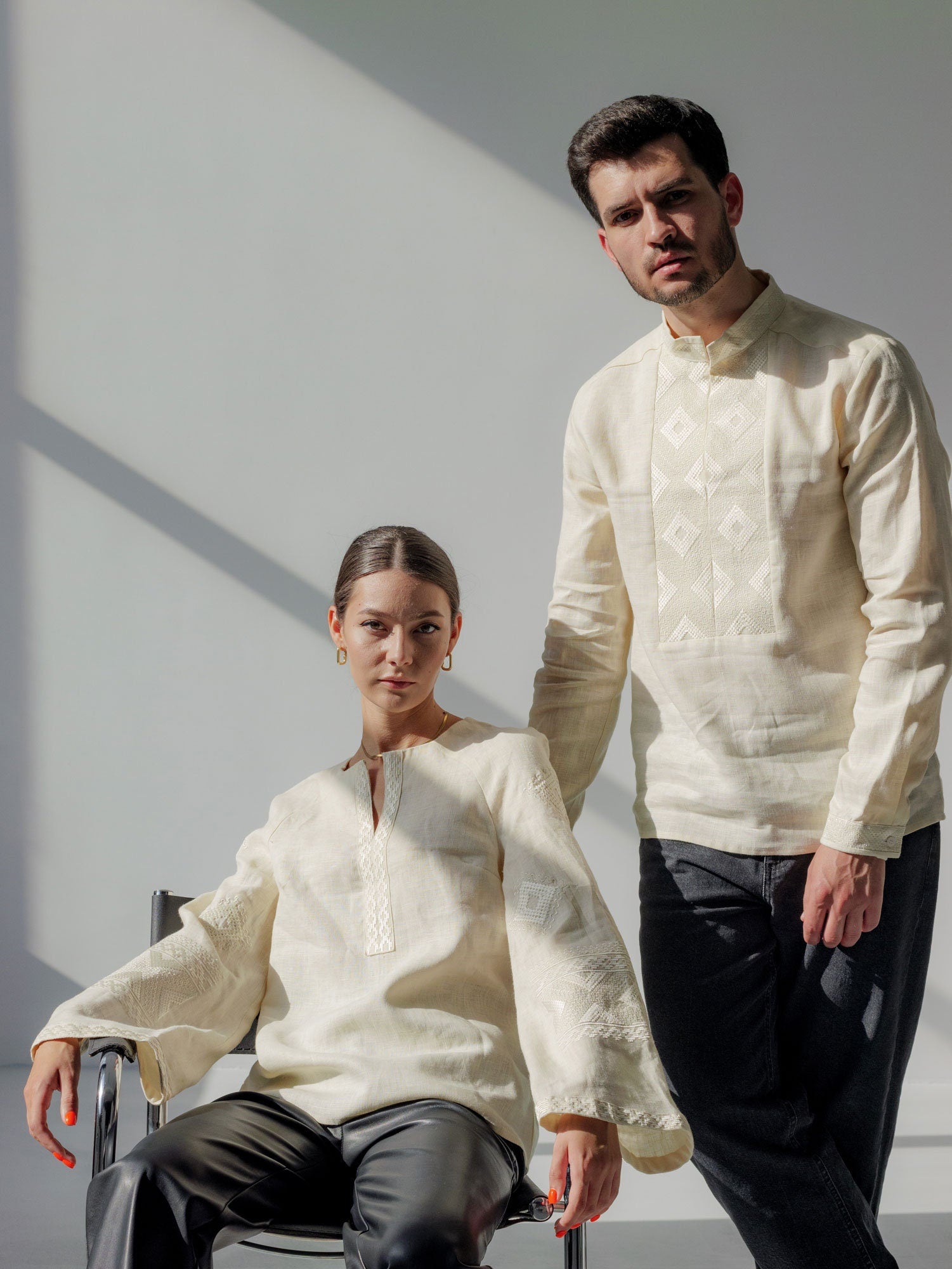 Mother's Day 2024 Milky Ukrainian Vyshyvanka Blouse with White Embroidery - Bohemian Ethnic Shirt