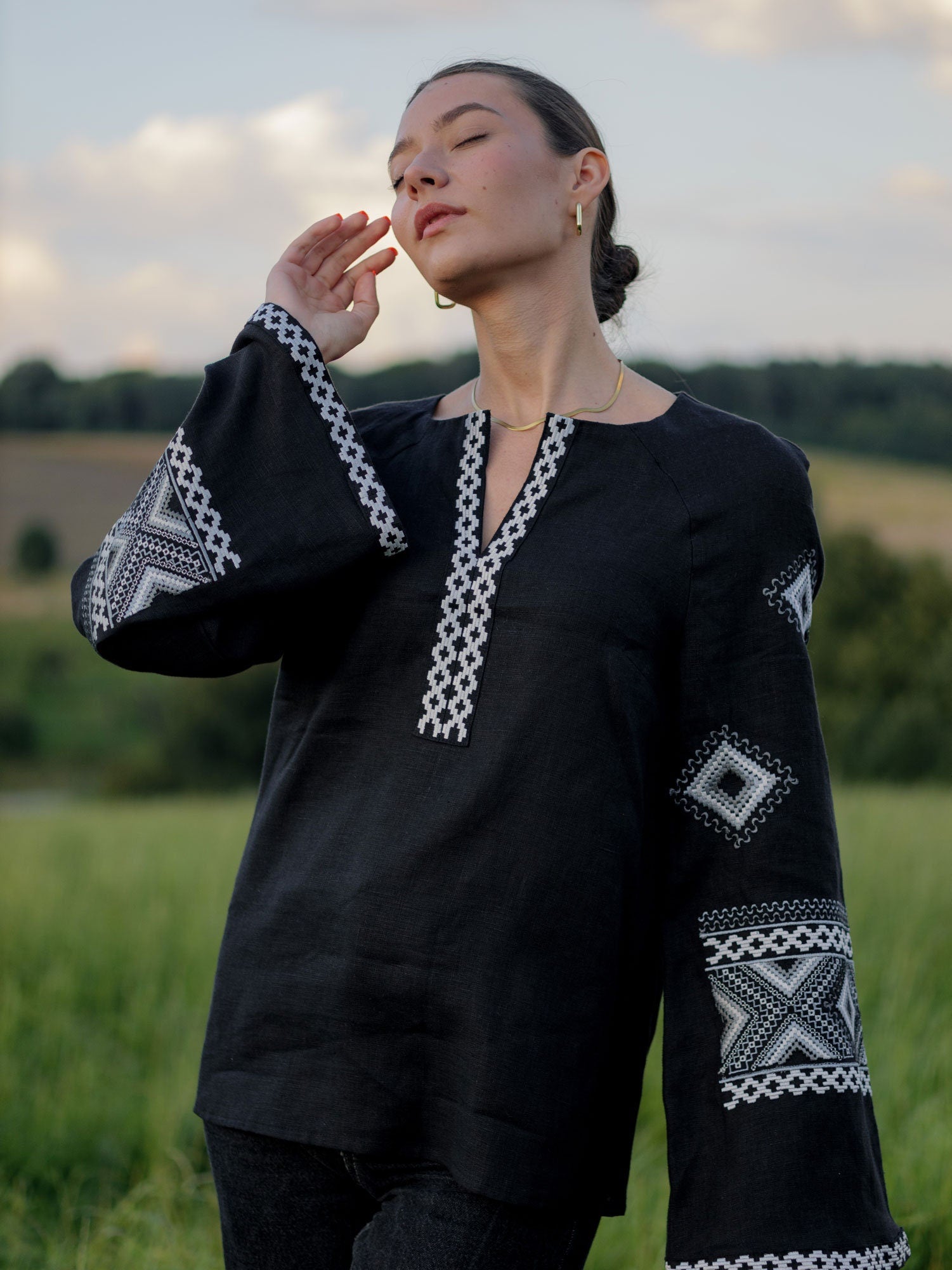 Black Ukrainian Vyshyvanka Blouse with Gray Embroidery - Bohemian Ethnic Shirt for Mother's Day 2024