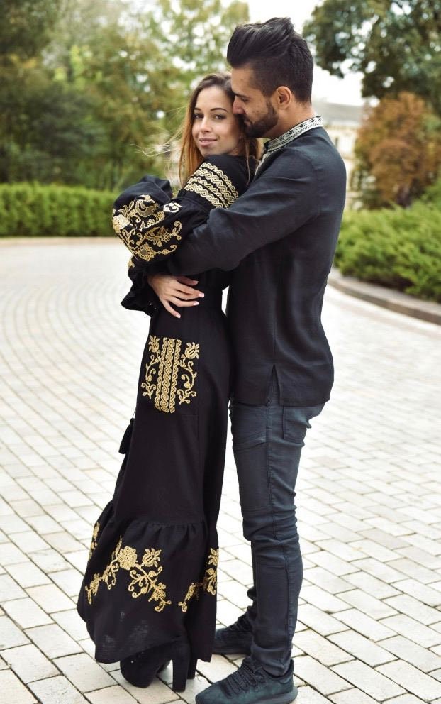 Black Ukrainian Embroidered Linen Kaftan Dress - Tree of Life Boho Chic