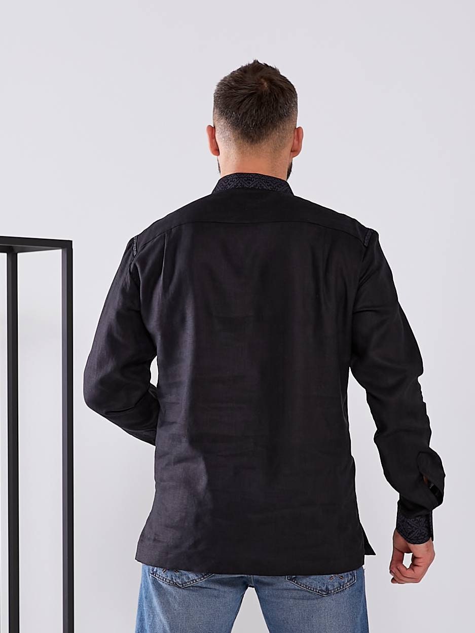 Black Linen Embroidered Vyshyvanka Shirt for Men