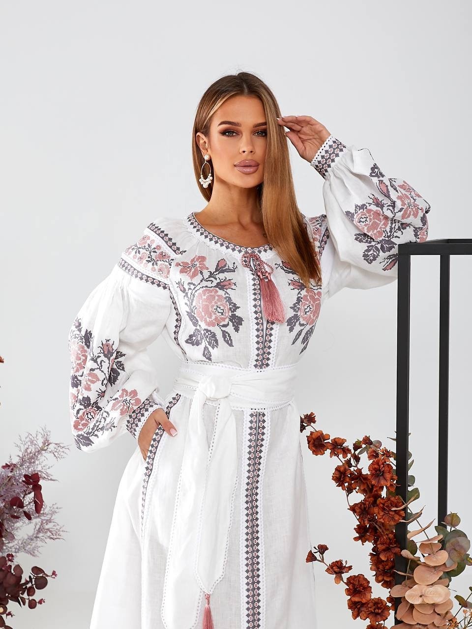 White Linen Dress with Exquisite Ukrainian Tender Pink Embroidery White Linen Embroidered Vyshyvanka Ukrainian Dress Boho style Gift